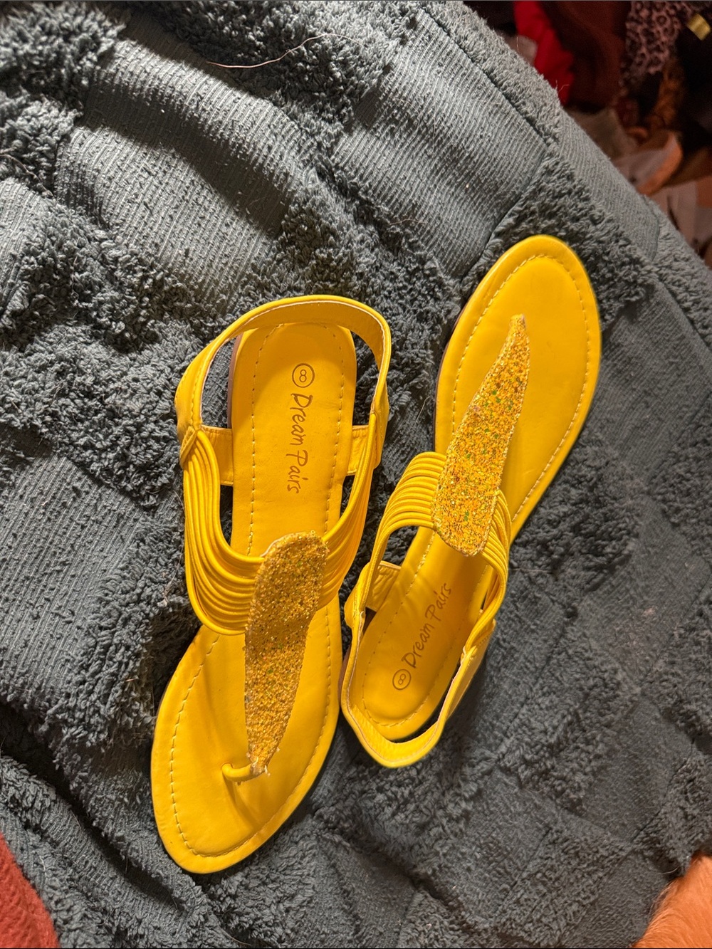 Dream Pairs Bright Yellow Glitter T-Strap Sandals